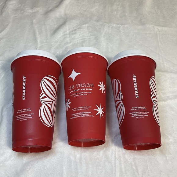Starbucks 25 Years Holiday LOT OF 3 Cup Cheer Plastic Reusable Red Tumbler 16 oz - Picture 3 of 6